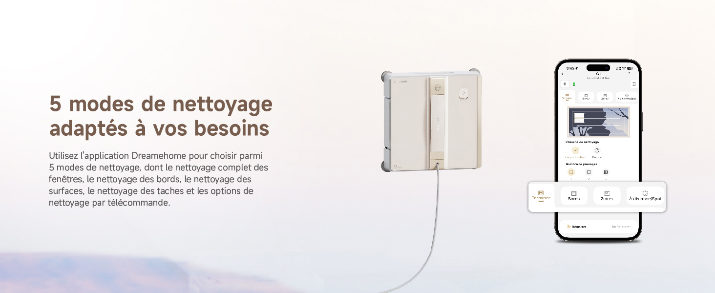 Le texte se lit comme suit : « 5 modes de nettoyage adaptés à vos besoins ». L'image montre l'interface de l'application pour smartphone et l'illustration de l'appareil.