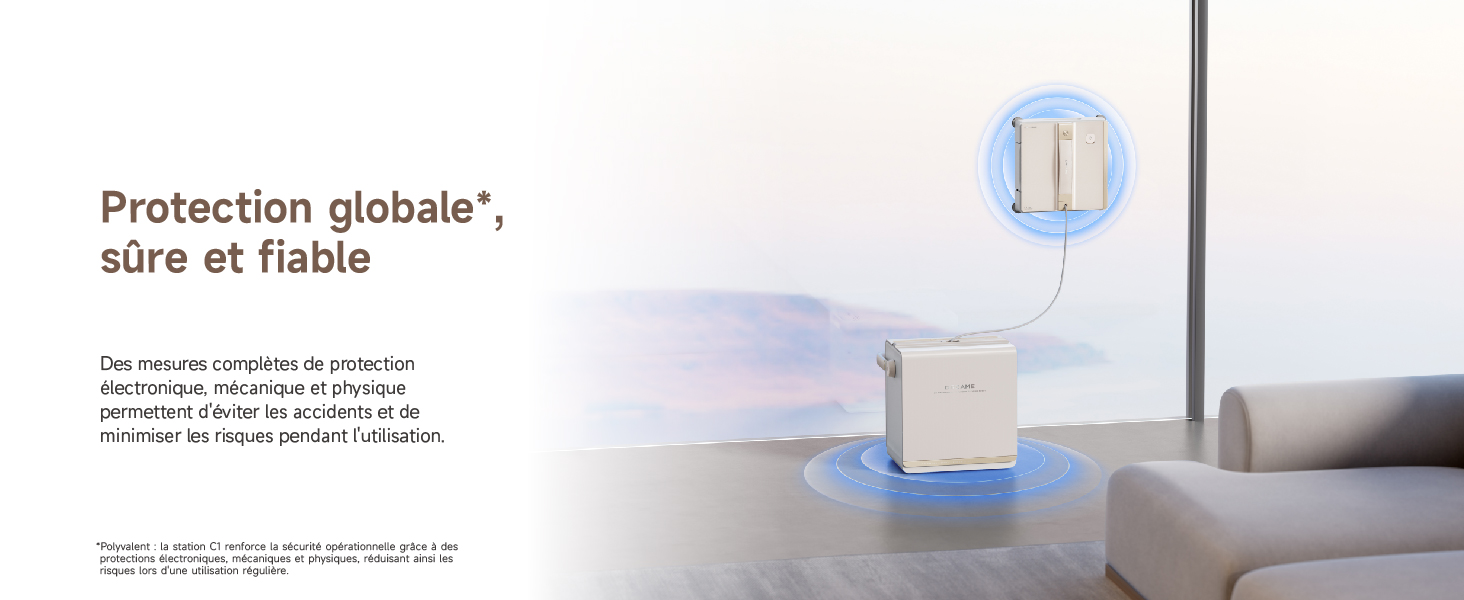 Le texte se lit comme suit : « Protection mondiale », « sûre et fiable ». Panneaux multiples montrant un appareil électronique blanc fixé au mur à la maison.
