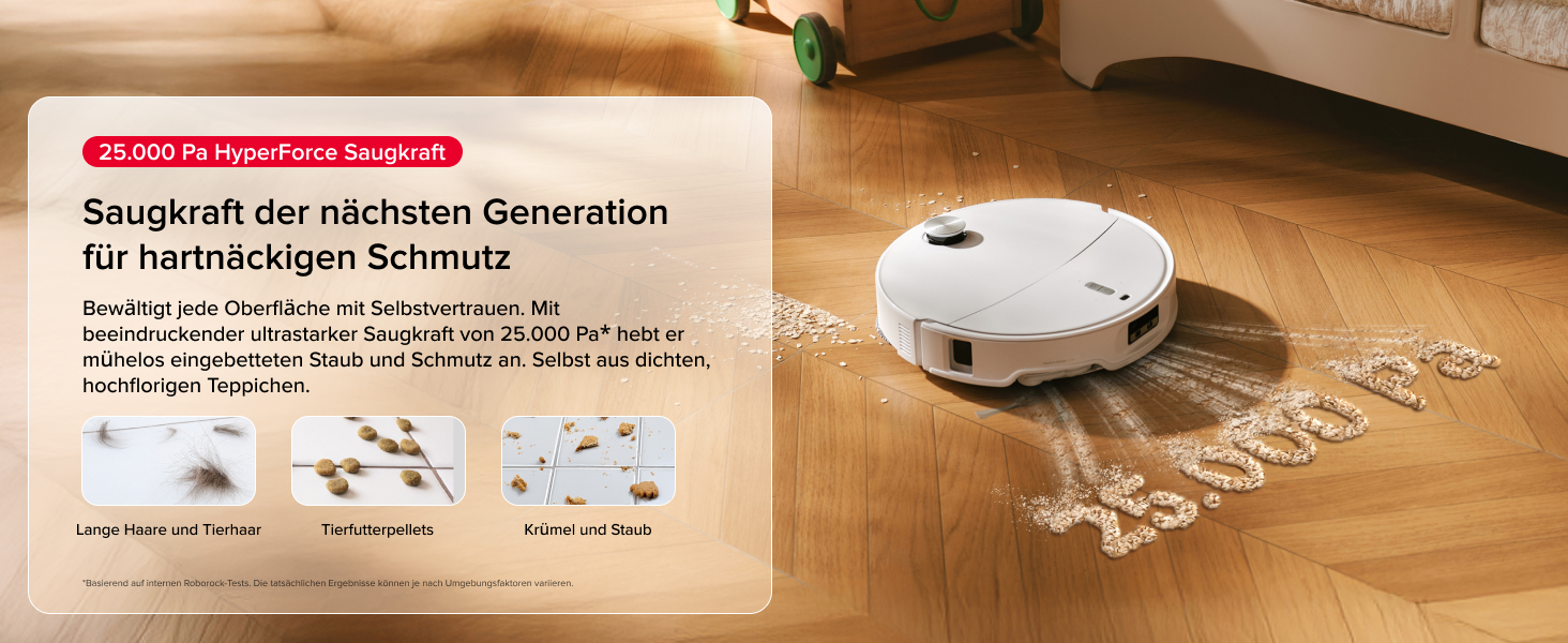Der Text lautet „Saugkraft der nächsten Generation“. Bild der Produktdemonstration, das einen Roboterstaubsauger auf einem Holzboden mit Trümmermuster zeigt.
