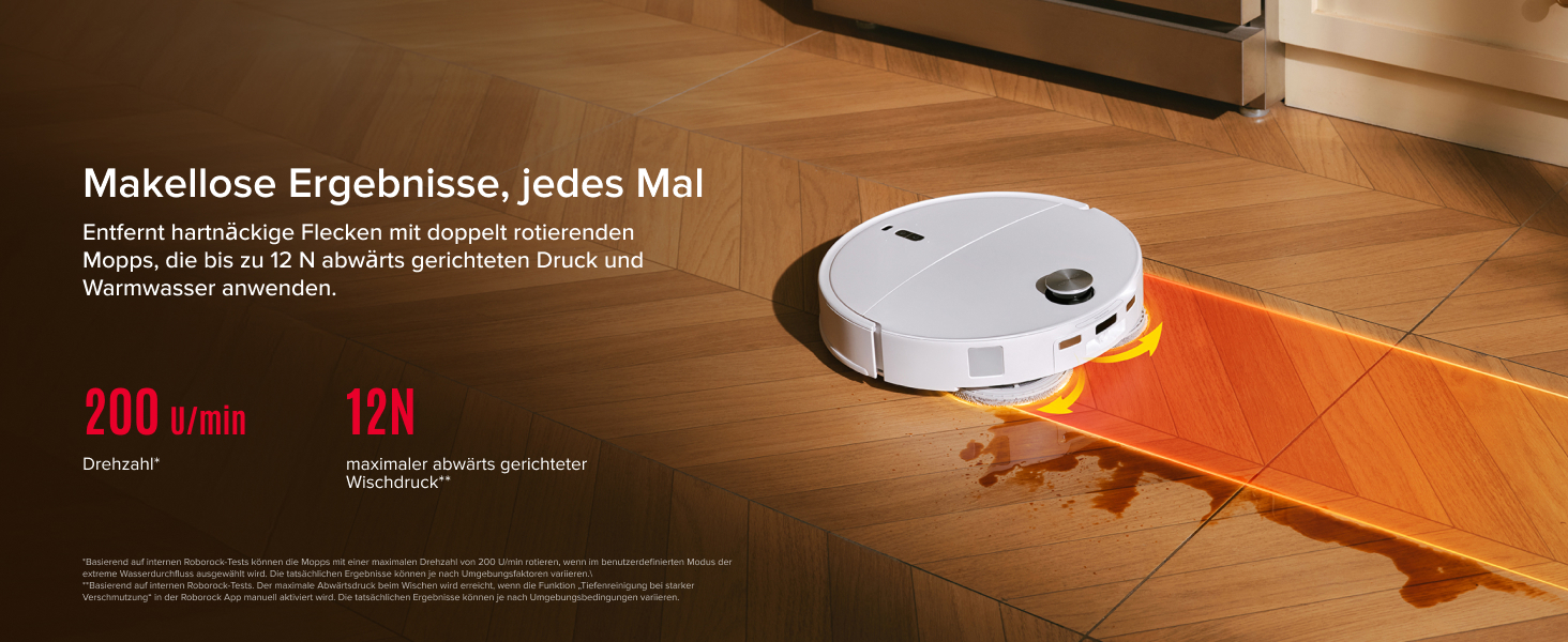 Der Text lautet „Makellose Ergebnisse, jedes Mal“ und „200 min“ und „150“. Produktwerbung, die einen Roboterstaubsauger auf Holzböden zeigt.