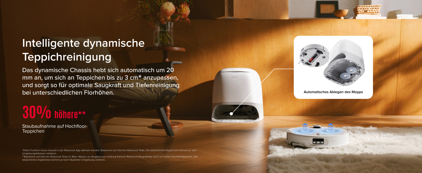 Der Text lautet „Intelligente dynamische Treppenreinigung“. Moderne Inneneinrichtung mit Holzböden und Umgebungsbeleuchtung mit minimalistischem Mobiliar.