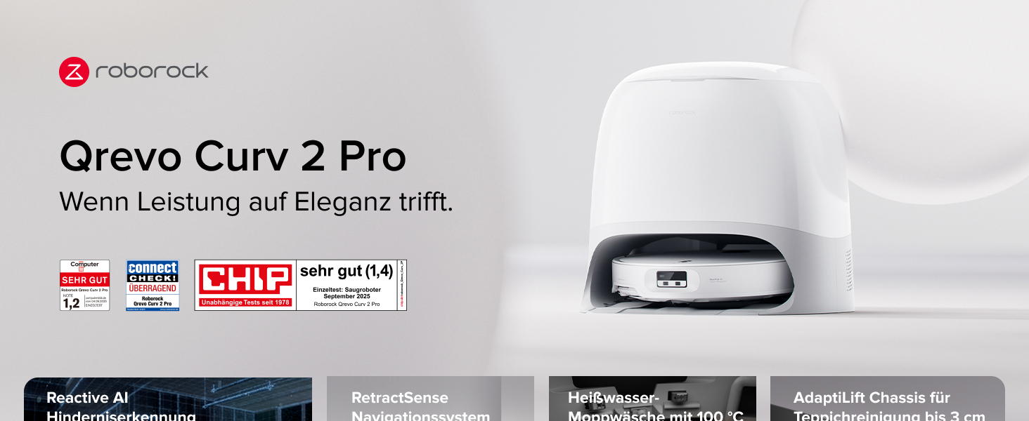 Der Text lautet: „Qrevo Curv 2 Pro“ mit mehreren Preislogos. Ein weißes elektronisches Gerät vor hellem Hintergrund scheint ein technologisches Produkt zu sein.