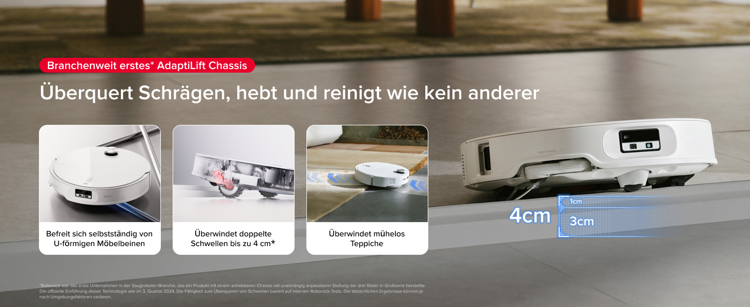 Der Text lautet „Überquert Spritzen, hebt und reinigt wie kein anderer“. Bilder zur Produktdemonstration, die den Reinigungs- oder Wartungsprozess zeigen.