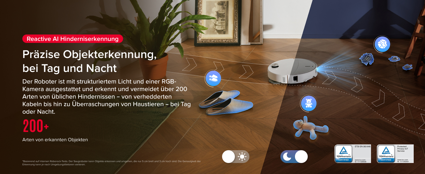 Der Text lautet „Präzise Objekterkennung, bei Tag und Nacht“. Ähnlich dem vorherigen Bild, das ein KI-Erkennungssystem mit Symbolen und Indikatoren auf dem Boden zeigt.