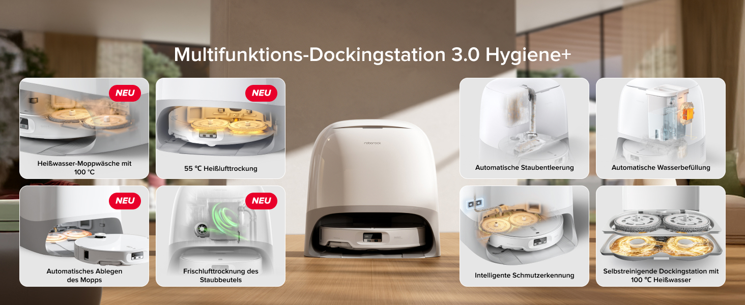 Der Text lautet „Multifunktions-Dockingstation 3.0 Hygiene+“. Produktpräsentation mit verschiedenen Positionen und Konfigurationen von Ladestationen für elektronische Geräte mit verschiedenen Montage- und Platzierungsoptionen.