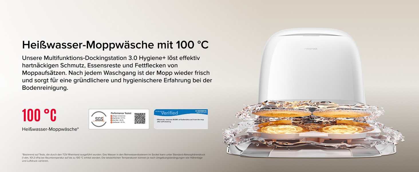 Der Text lautet „Heißwasser-Mopwäsche mit 100°C“. Das Bild zeigt eine Waschanleitung mit Temperaturanzeige und eine Abbildung des Reinigungsvorgangs mit einer Folienverpackung.