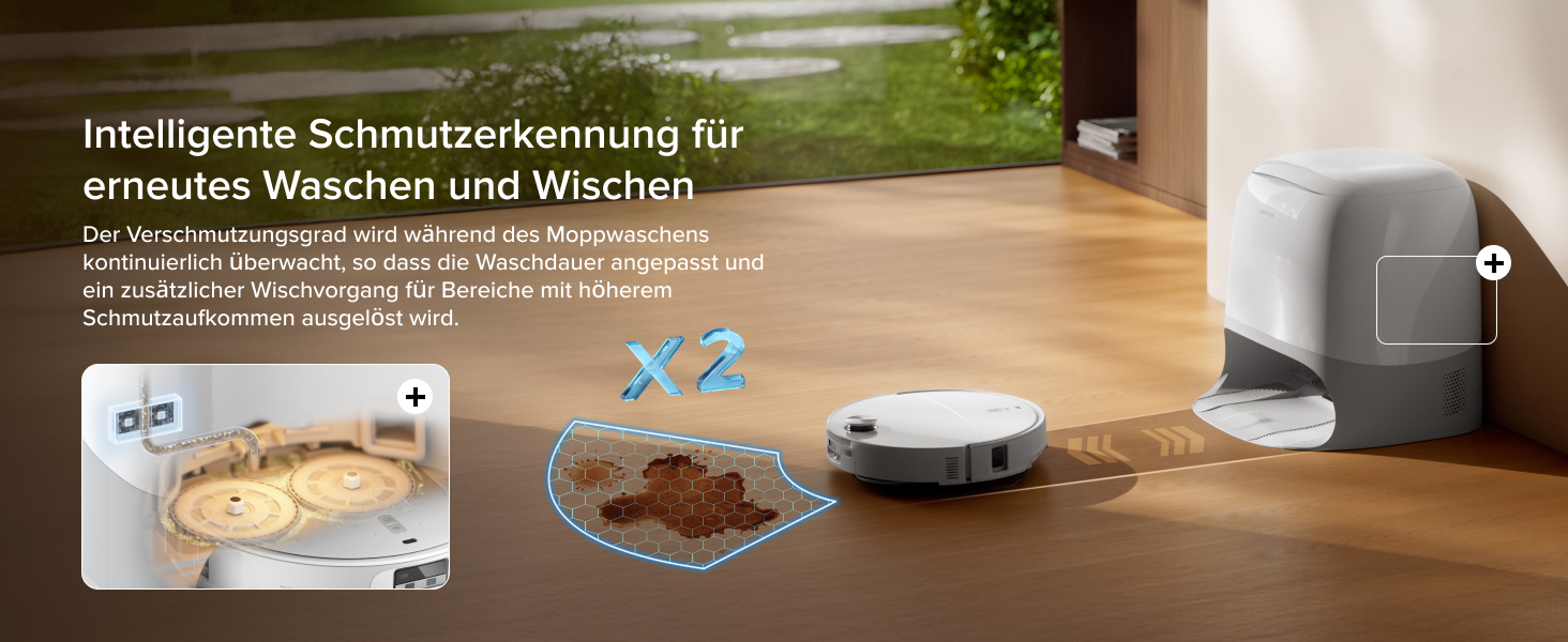 Der Text lautet „Intelligente Schmutzerkennung für“. Banner zur Präsentation von Smart-Home- oder Reinigungstechnik mit Holzboden und modernem Innenhintergrund.