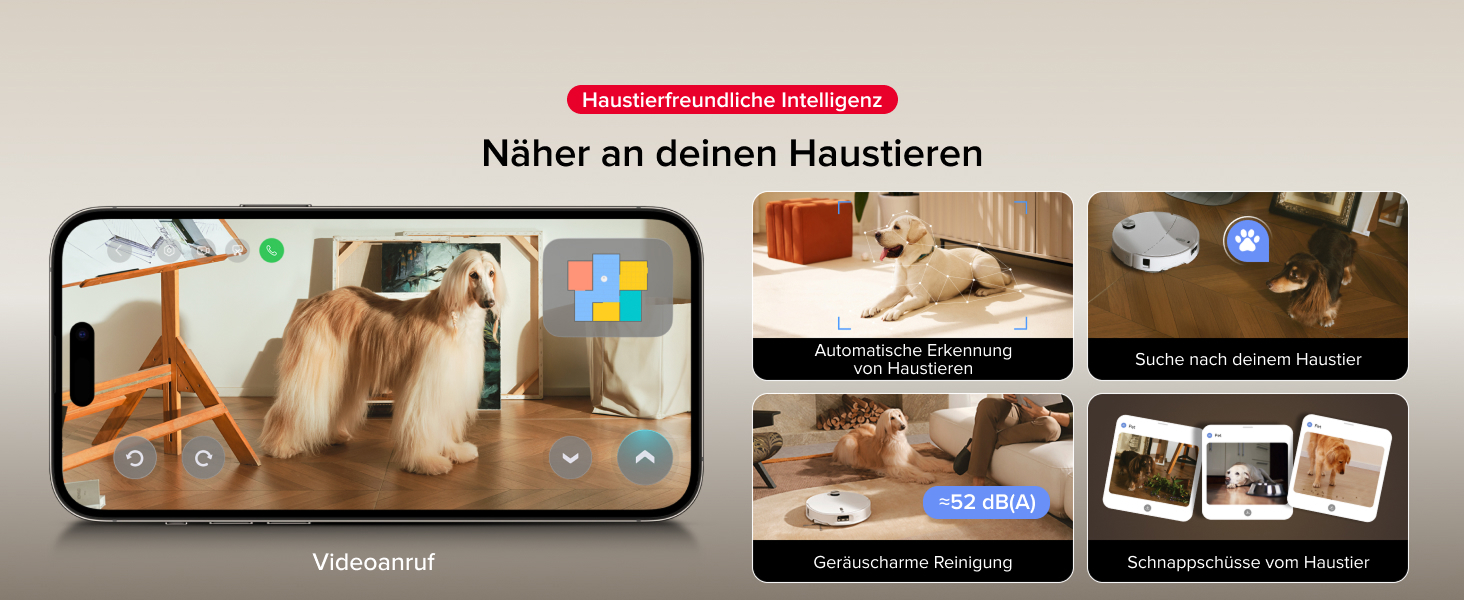 Der Text lautet „Näher an deinen Haustieren“. Collage mit mehreren Bildschirmen, die eine App-Oberfläche zur Überwachung von Haustieren mit verschiedenen Ansichten von Haustieren und Hauseinstellungen zeigen.