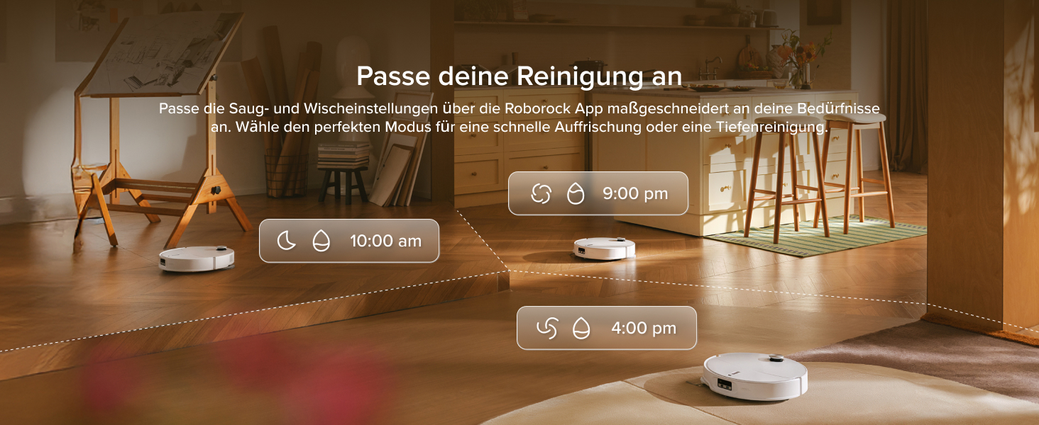 Der Text lautet „Passe deine Reichweite an“. Innenansicht eines Zimmers mit Holzboden und verstreuten Lichtelementen auf dem Boden.