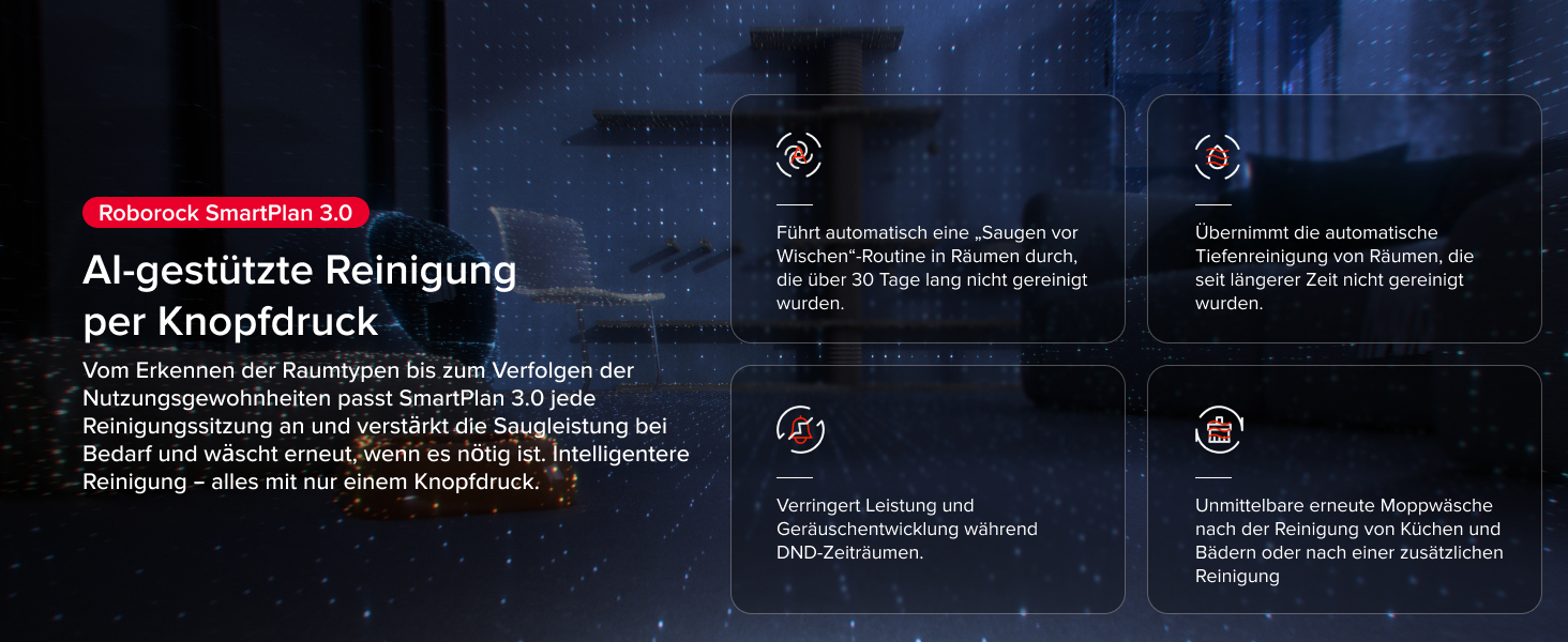 Der Text lautet „KI-gestützte Reinigung“, gefolgt von technischen Spezifikationen auf Deutsch. Das dunkel getönte Interface-Display zeigt die Steuerungen und Einstellungen des Roboter-Reinigungssystems.