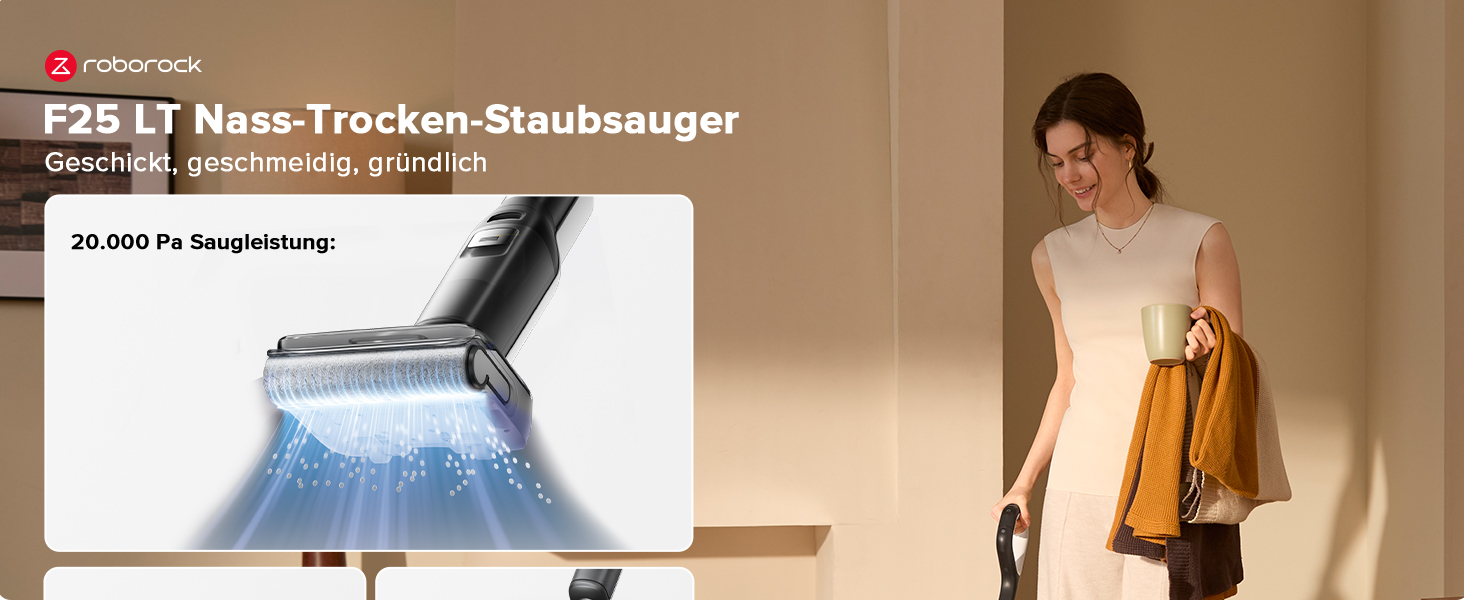 Werbung für Staubsauger mit blauem Wassersprüheffekt und Produktspezifikationen in deutschem Text.