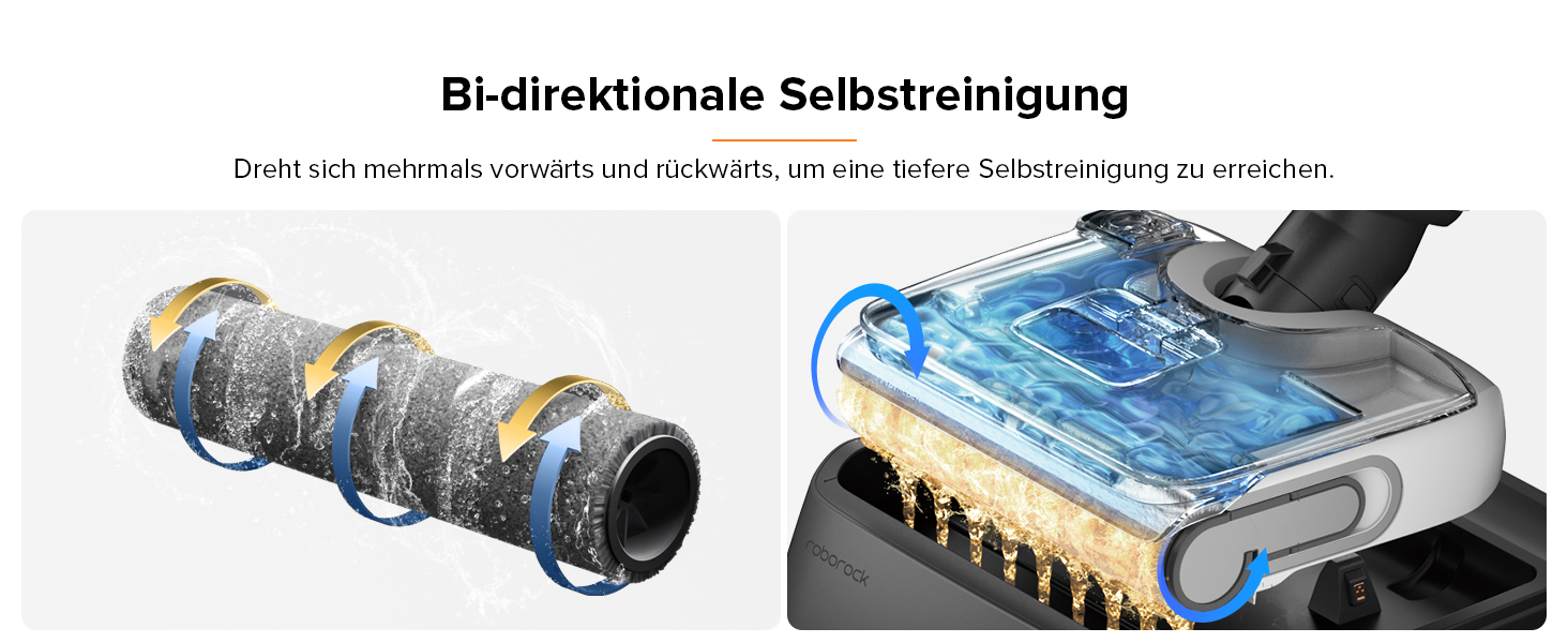 Geteiltes Bild, das die Vakuumbürstenwalze zeigt: linke Seite mit Staub bedeckt, rechte Seite sauber. Veranschaulicht die bidirektionale Selbstreinigungsfunktion des Staubsaugers