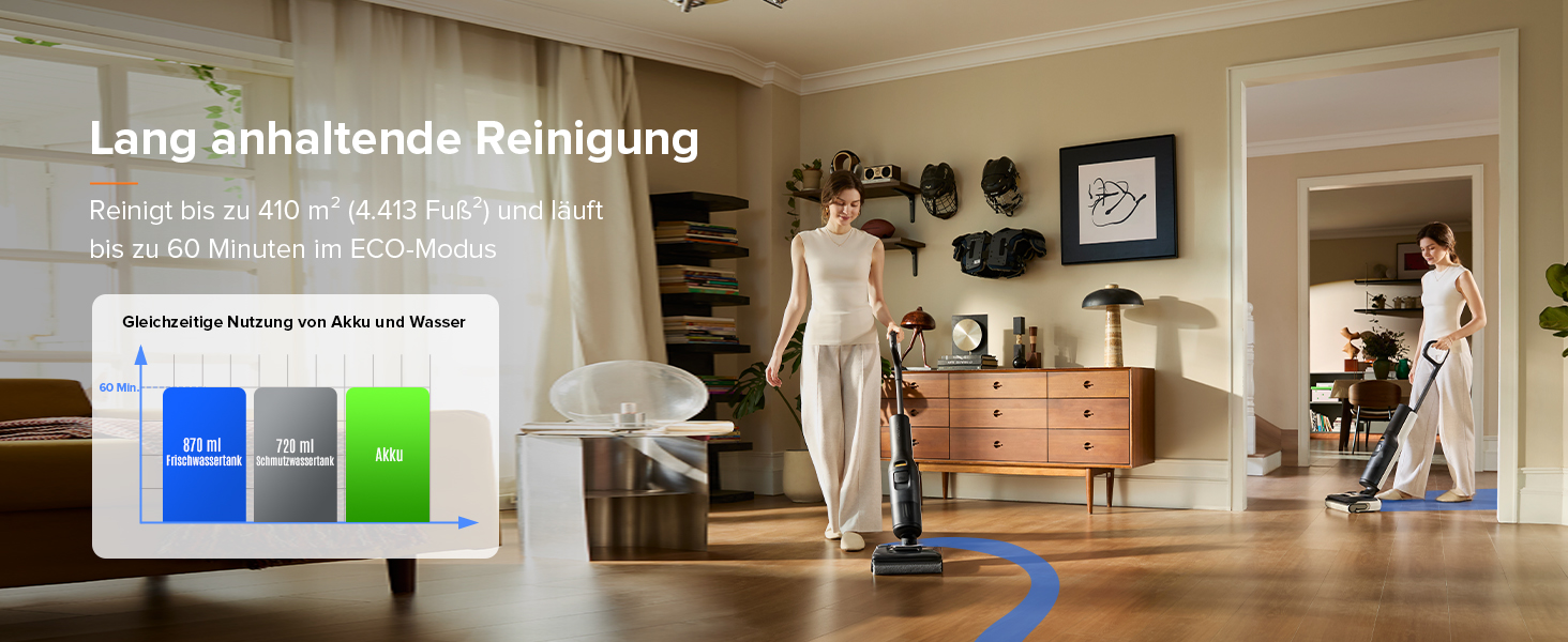 Benutzeroberfläche mit Statusbalken für den Reinigungsfortschritt in den Farben Blau, Grau und Grün vor dem Hintergrund eines Innenraums.